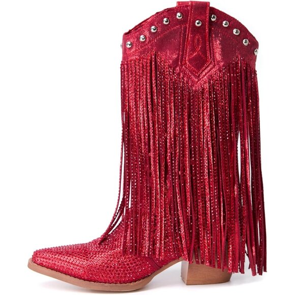 Shoes - ⚡Women's Red Pointed toe Thick Heel Ankle Boots Ladies Crystal Embroider